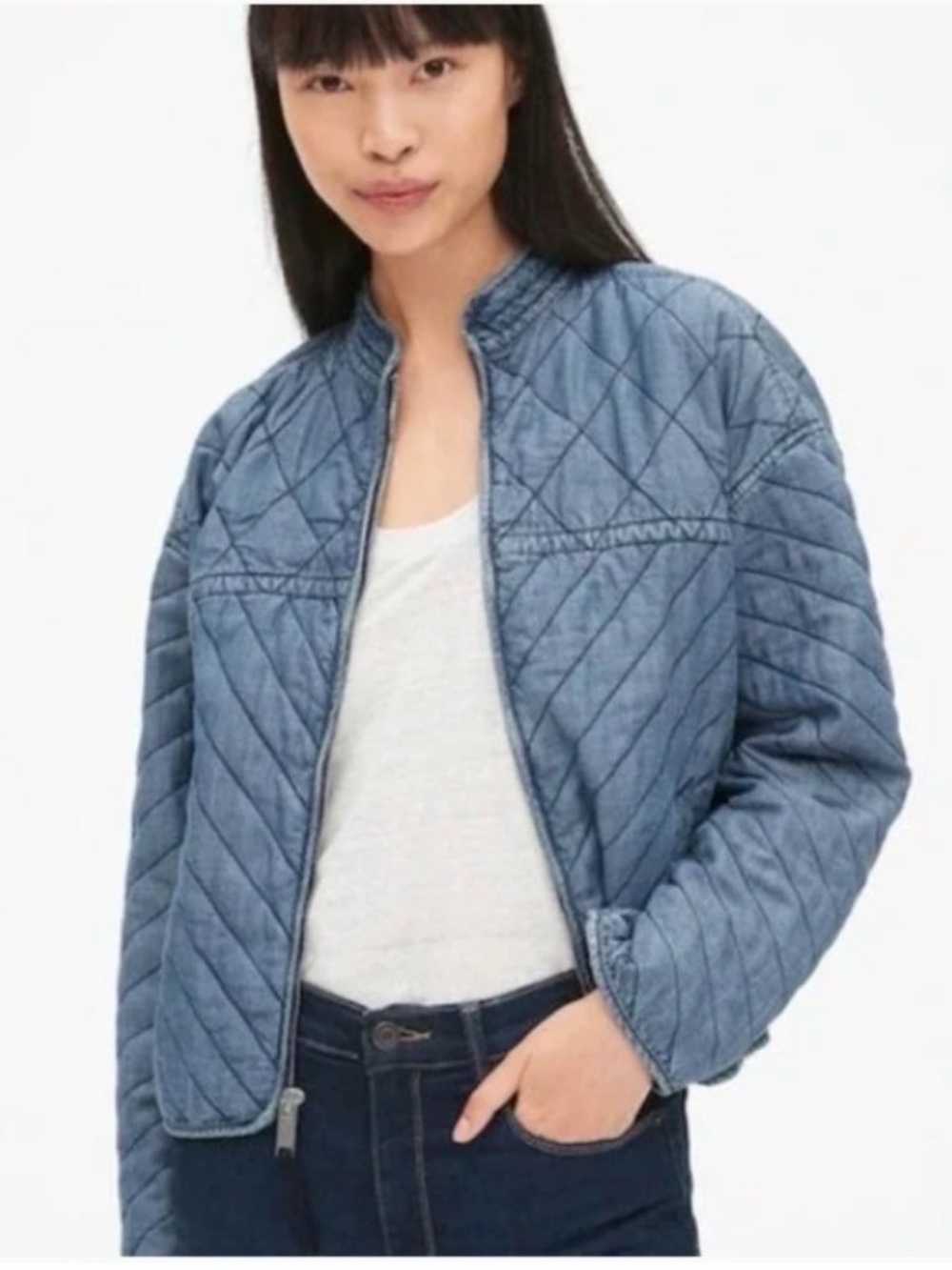 Gap Quilted Denim Zip-Front Tencel Jacket Women Medium Tall NWT